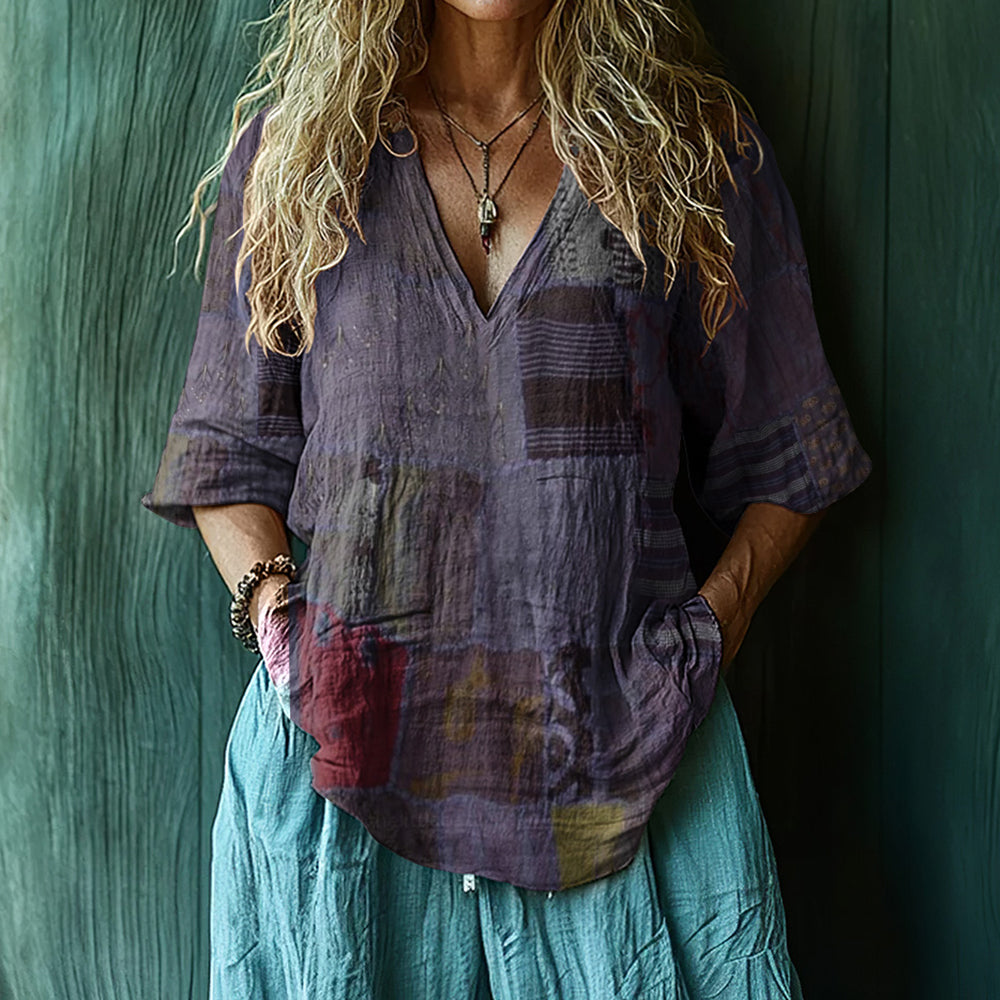 Comstylish Vintage Boho Patchwork Art Print Short Sleeve V-neck Shirt