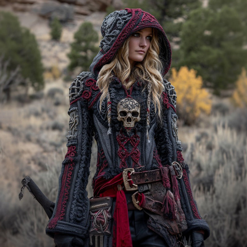 Women's Viking Celtic Skull Embroidery Chunky Knit Hooded Sweater artswardrobe