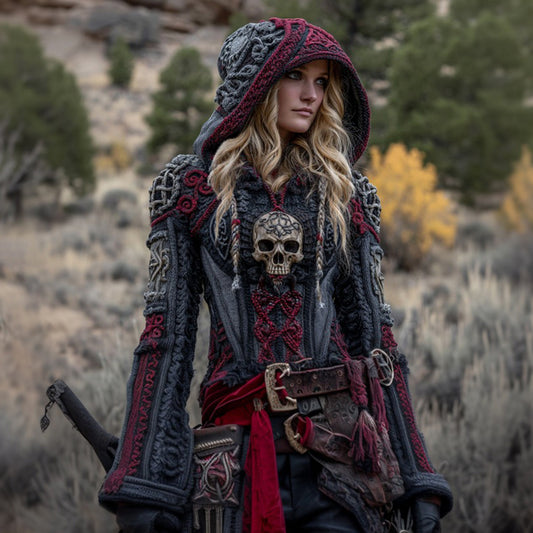 Women's Viking Celtic Skull Embroidery Chunky Knit Hooded Sweater artswardrobe