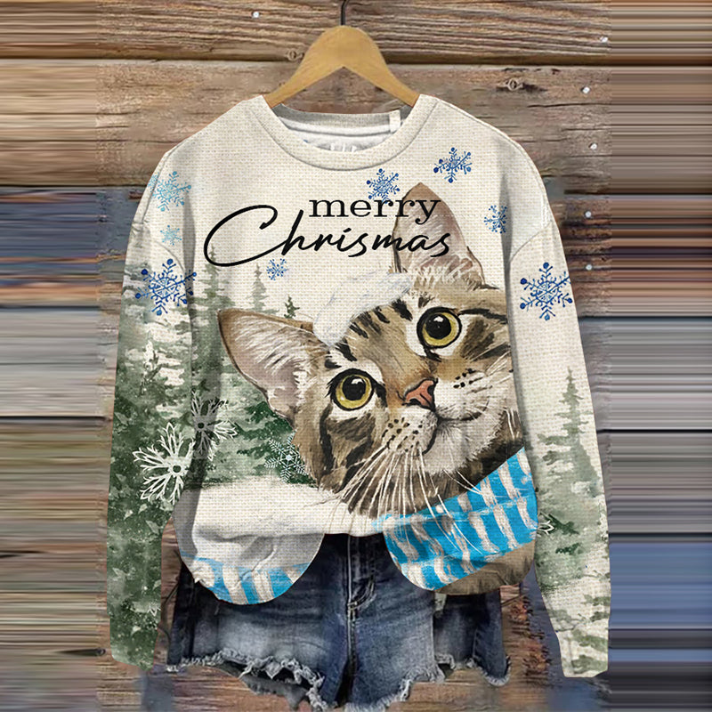 Christmas Cat Print Crew Neck Sweatshirt elevenforest