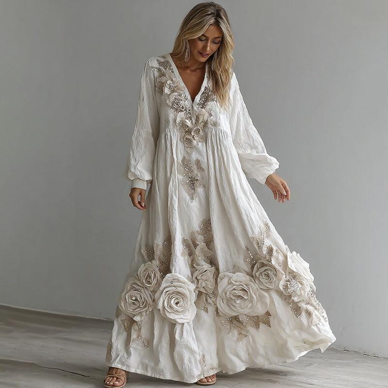 Women's Vintage Boho White Floral Lace Art Flowy Maxi Dress elevenforest