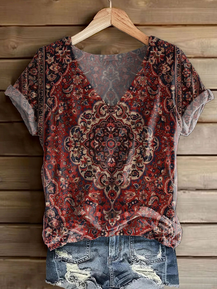 Women's Vintage Ethnic T-shirt with Art Print V-Neck