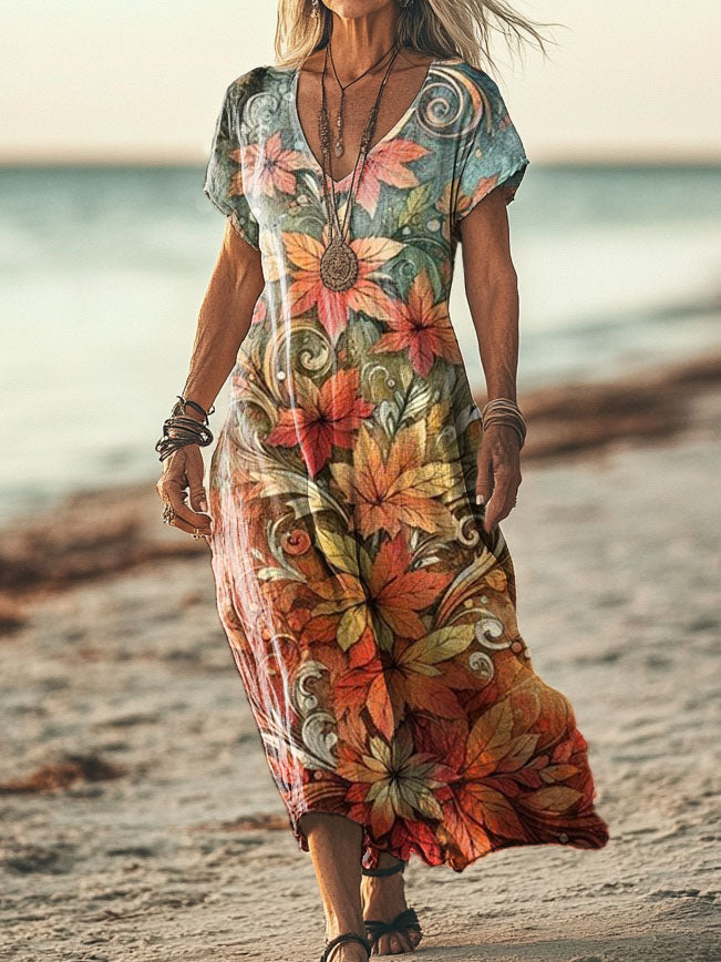 Women's Floral Pattern Art Print Short Sleeve Pocket Cotton Linen Dres