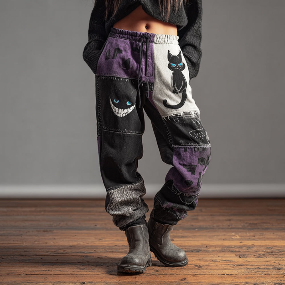 Comstylish Women's Vintage Smiley Cat Patchwork Sports Pants