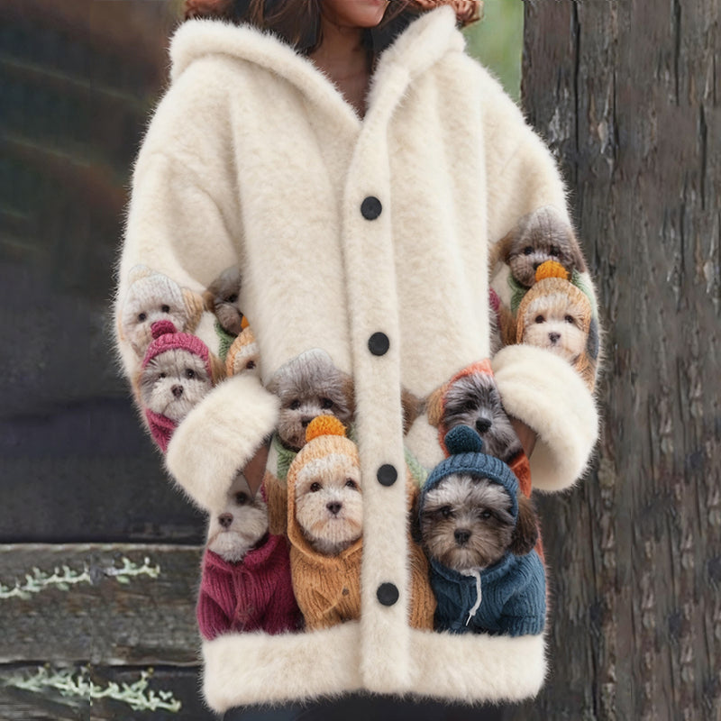 Comstylish Women's Cute Dog Pattern Cozy Hooded Sweater Cardigan
