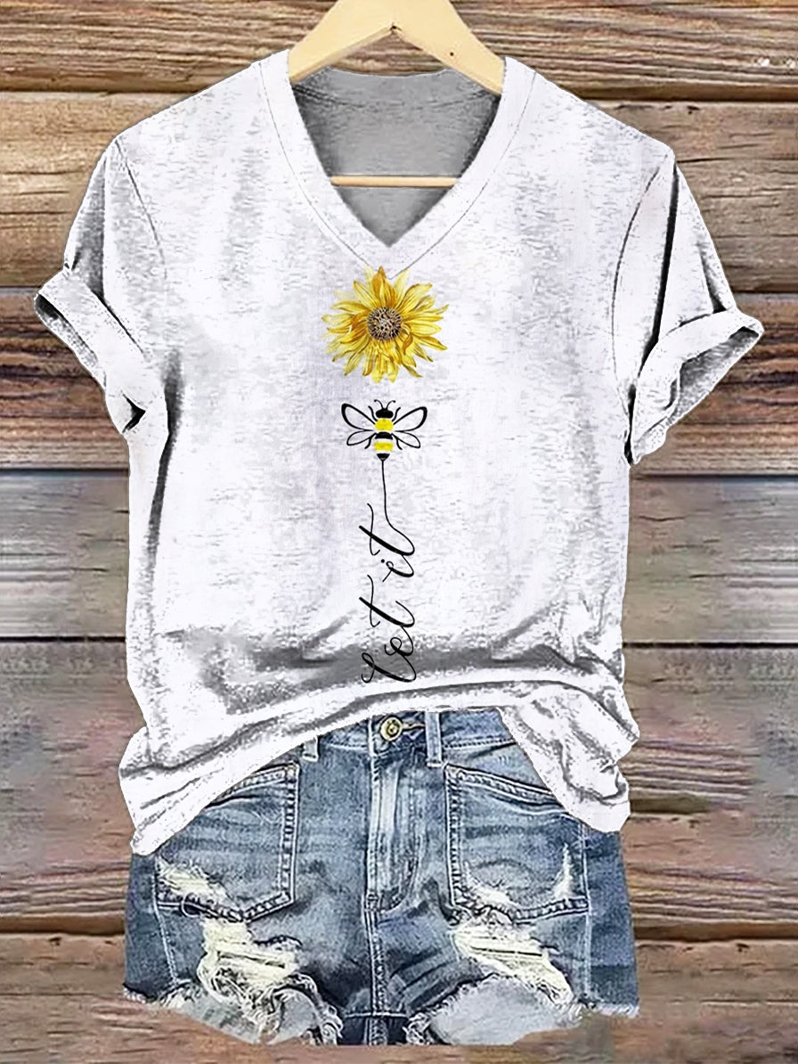 Women's Sunflower Let it Be Art Print Casual V Neck T-shirt