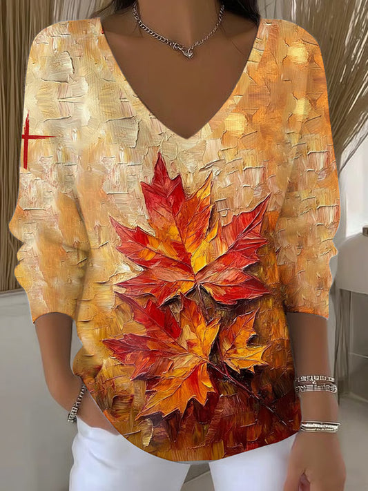 Women's Oil Painting Style Maple Leaf V-neck Print Long Top artswardrobe
