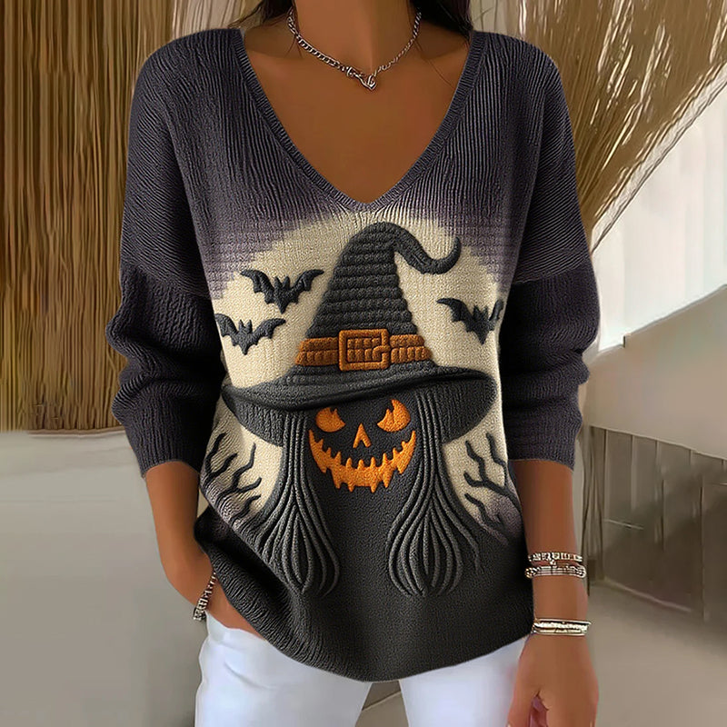 Classic Halloween Evil Pumpkin Witch Art Inspired V Neck Cozy Knit Sweater artswardrobe