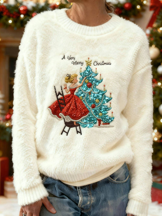 Vintage Merry Christmas Sequin Art Women's Flannel Sweater