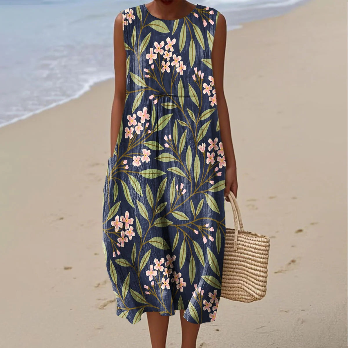 Women's Vintage Floral Art Print Sleeveless Dress artswardrobe