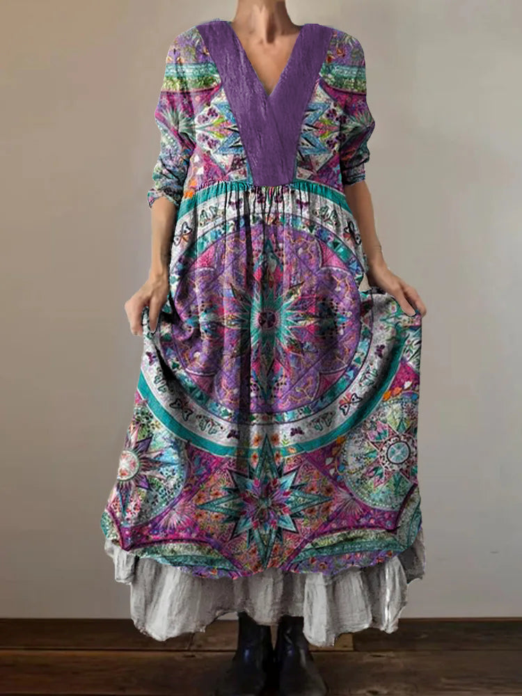 Women's Vintage Ethnic Floral Art Print V-Neck Button Pocket Cotton Dr