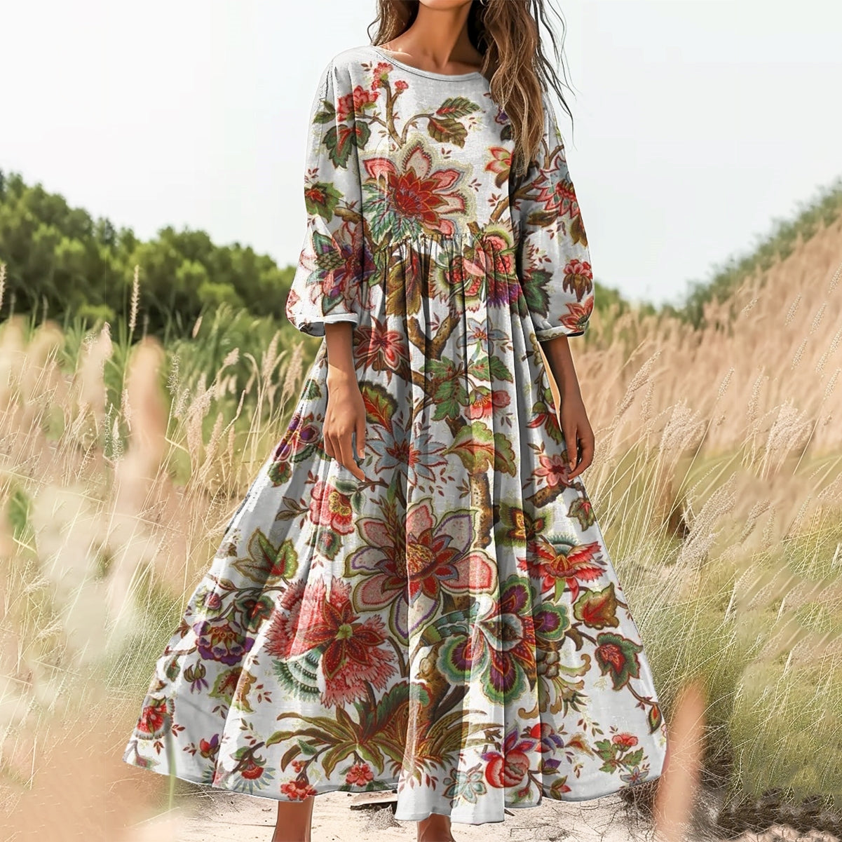 Women's Floral Art Print Cotton Crew Neck Dress