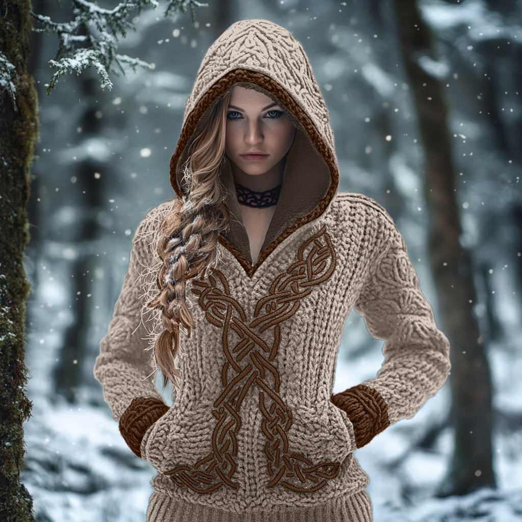 Women's Viking Celtic Knot Jacquard Knit Hooded Sweater artswardrobe