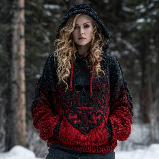 Women's Vintage Viking Tribal Celtic Skull Art Chunky Knit Hooded Sweater elevenforest