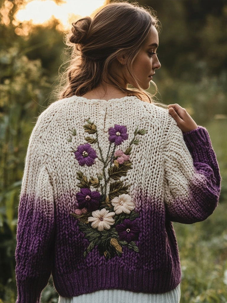 Women's Floral Embroidery Contrast Color Cozy Knit Sweater artswardrobe
