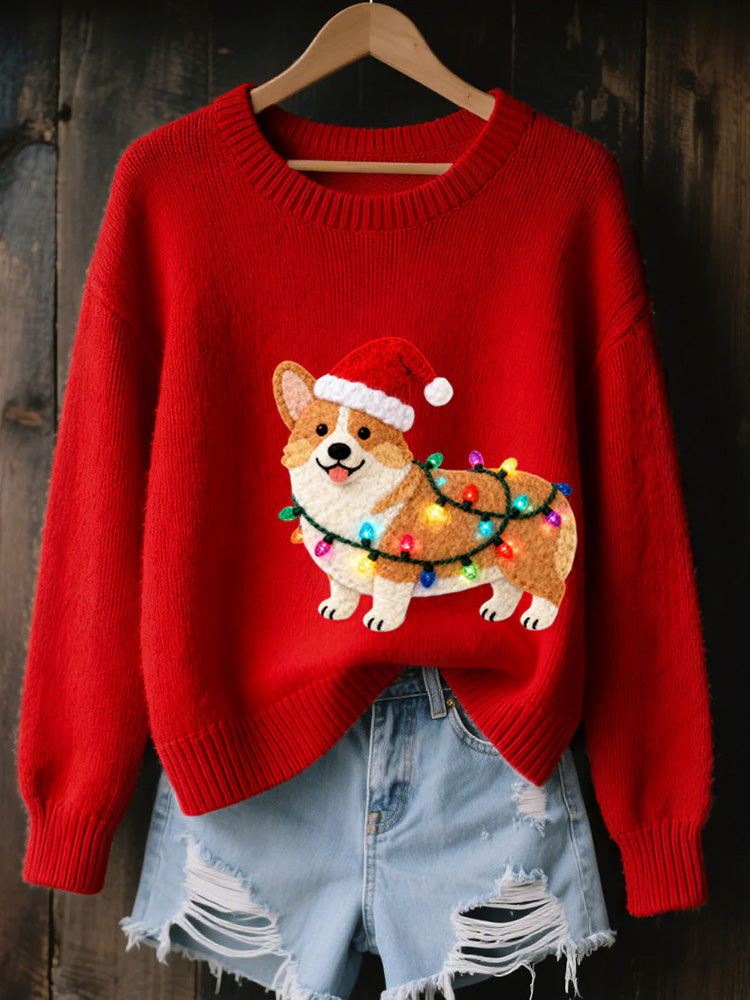 Women's Christmas Corgi Dog Felt Art Cozy Knit Sweater artswardrobe