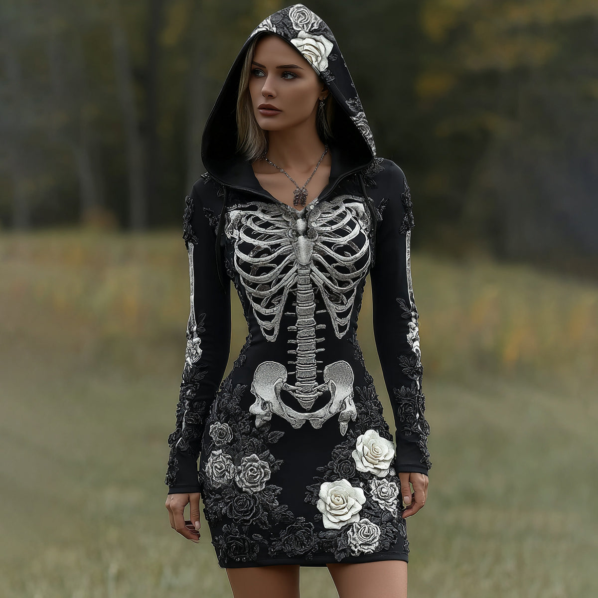 Women's Vintage Halloween Skeleton Bones With Rose Art Cozy Knit Hooded Sweater Dress artswardrobe
