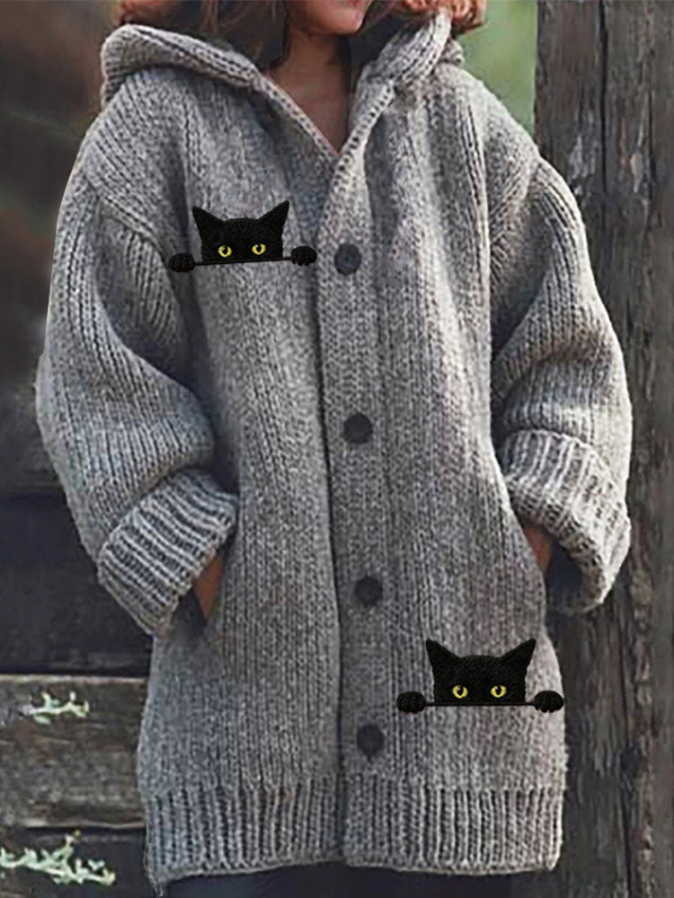 Women's Casual Funny Black Cat Print Hood Sweater artswardrobe