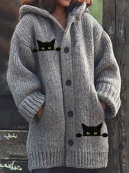 Comstylish Women's Casual Funny Black Cat Print Hood Sweater