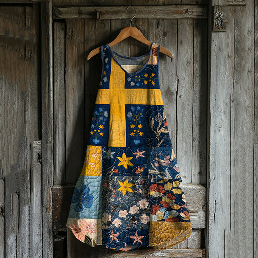 Vintage Loose Swedish Flag With Floral Patchwork Pattern Art Print Linen Tank Dress artswardrobe