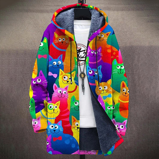 Colorful Cat Art Pattern Plush Thick Long Sleeve Sweater Cardigan Jacket elevenforest