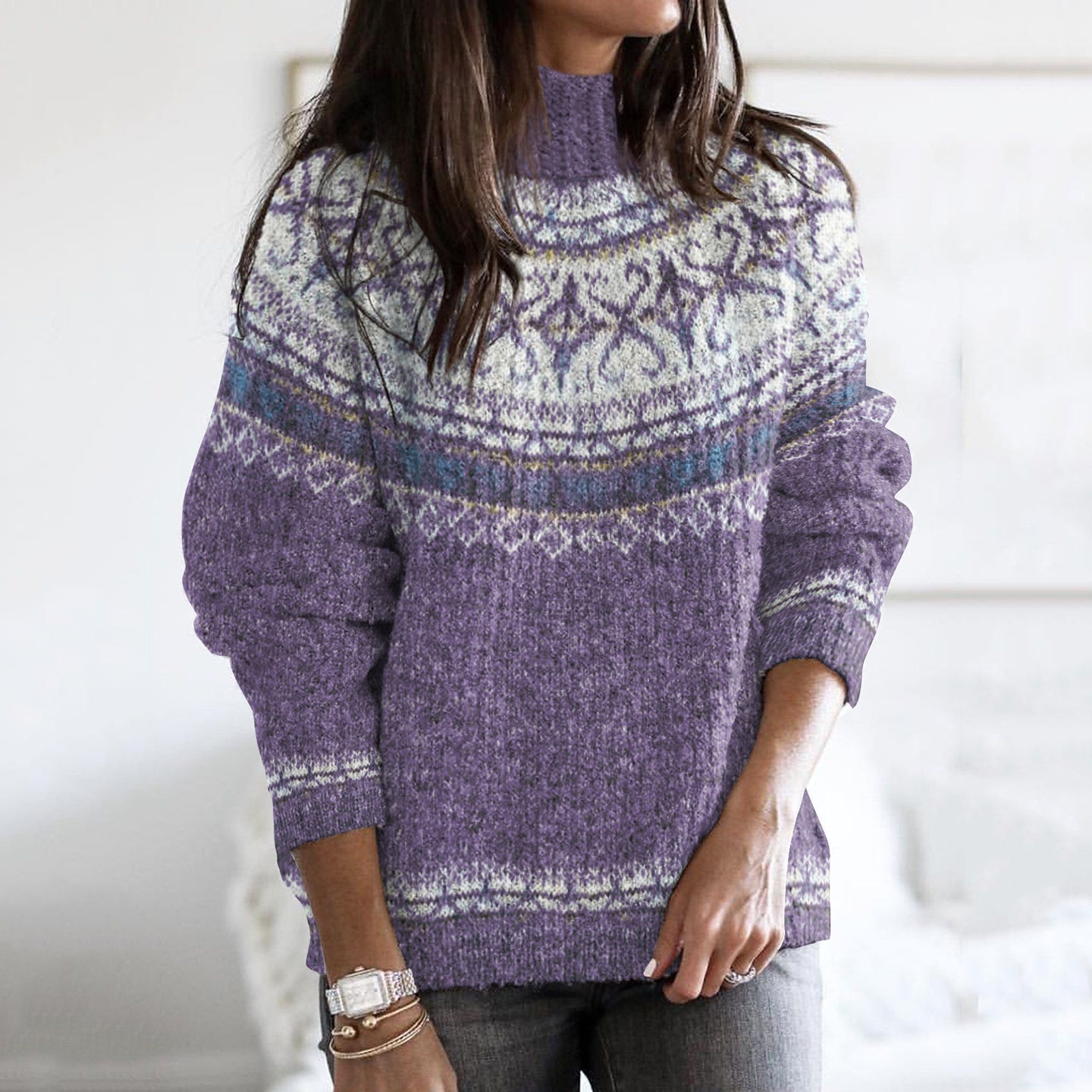 Vintage Fairman Island Geometric Pattern Contrast Turtleneck Sweater elevenforest