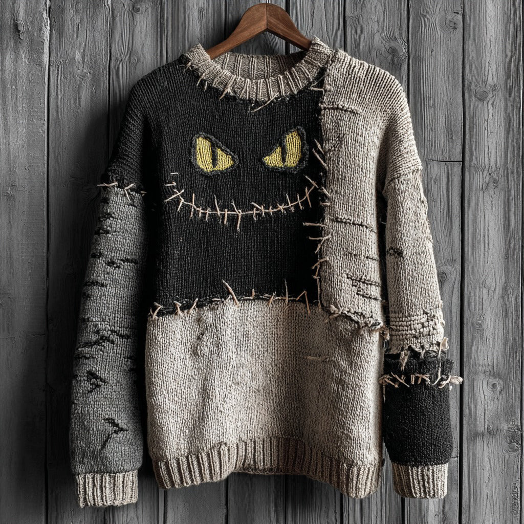 Halloween Abstract Black Cat Smiling Face Contrast Stitched Cozy Knit Sweater elevenforest