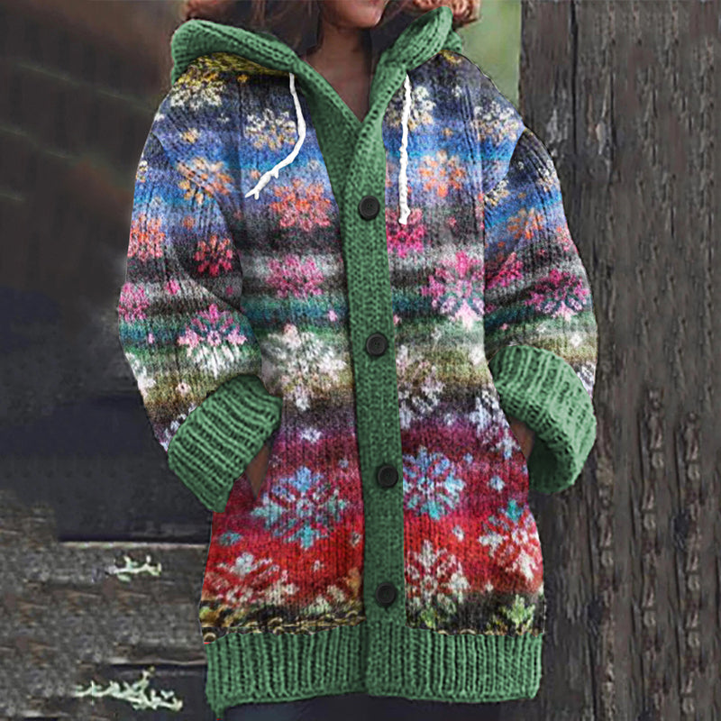 Cardigan con cappuccio in cotone, sfumatura arcobaleno e motivo floreale ombré