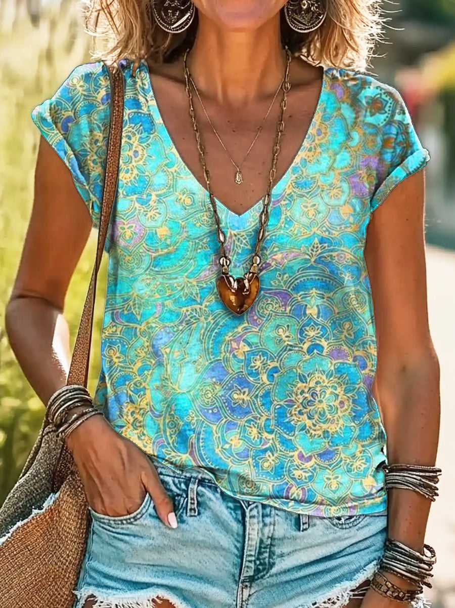 Women's Folk Flower Art Patterns Print 100%Cotton V-neck T-Shirt