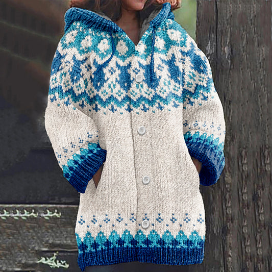 Vintage Contrast Jacquard Ocean Element Fish Art Button Down Cozy Sweater elevenforest