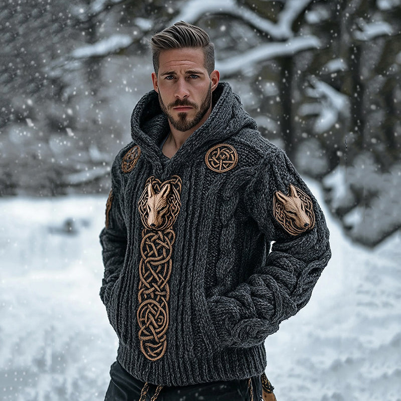 Men's Viking Tribal Wolf Totem Inspired Chunky Knit Pocket Hooded Sweater elevenforest
