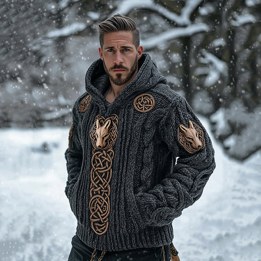 Men's Viking Tribal Wolf Totem Inspired Chunky Knit Pocket Hooded Sweater elevenforest