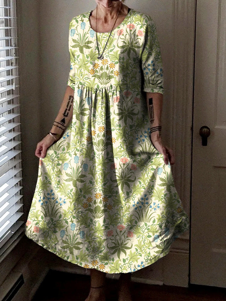 Women's Hippie Art Floral Print Crew Neck Dress