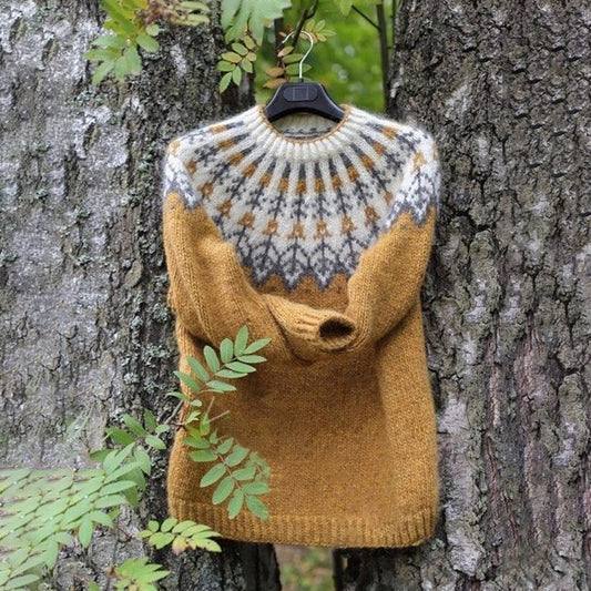 Vintage Yellow Icelandic Knit Jacquard Warmth Crew Neck Sweater Unisex elevenforest