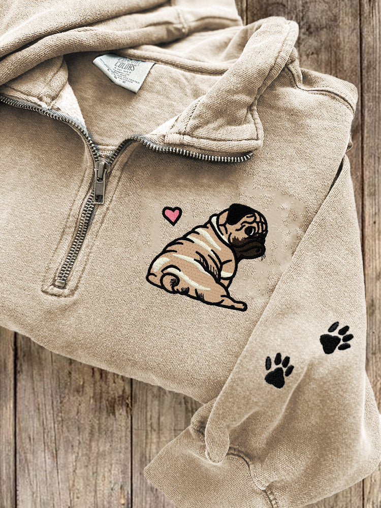 Comstylish Lovely Pug Dog Paw Prints Embroidered Zip Up Sweatshirt