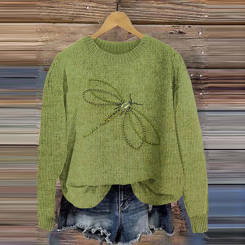 Comstylish Vintage Dragonfly Embroidery Art Crew Neck Cozy Sweater