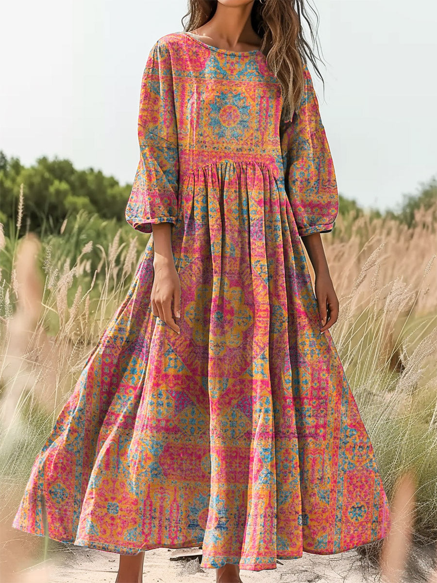 Women's Retro Ethnic Totem Printed Flowy Cotton Crew Neck Dress