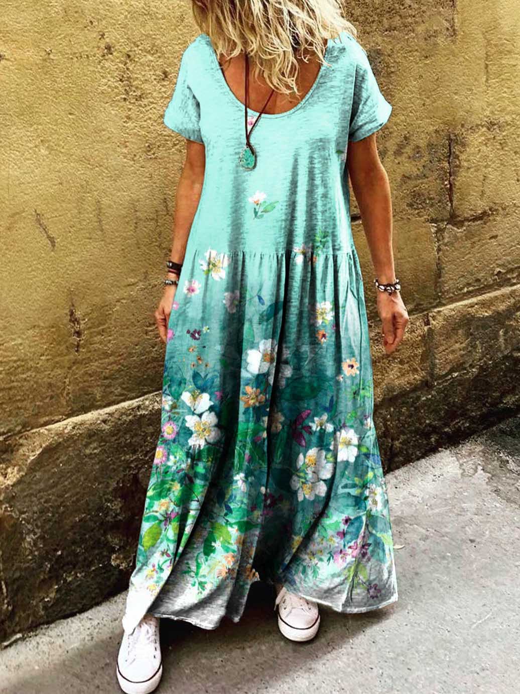 Women's Floral Art Print Pocket Short Sleeve Cotton Dresses