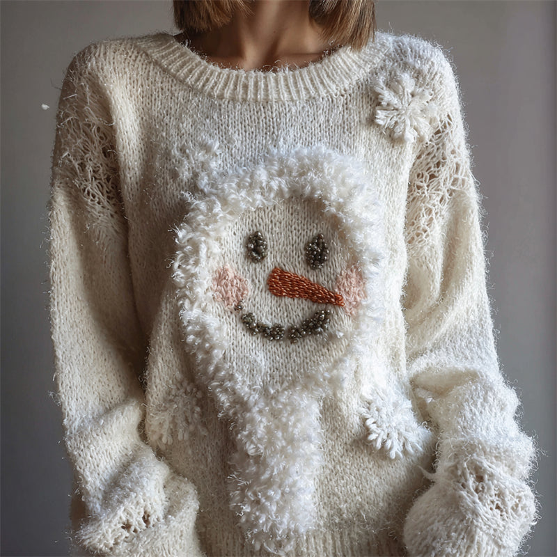 Fuzzy Snowman & Snowflakes Cozy Knit Sweater artswardrobe