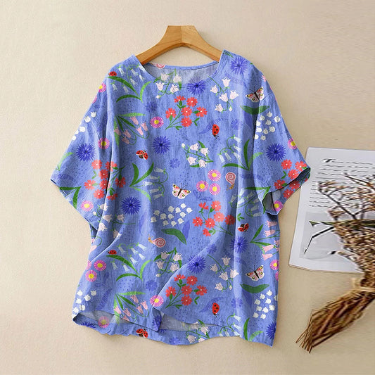 Women's Vintage Colorful Flower Art Print Casual Linen Shirt artswardrobe