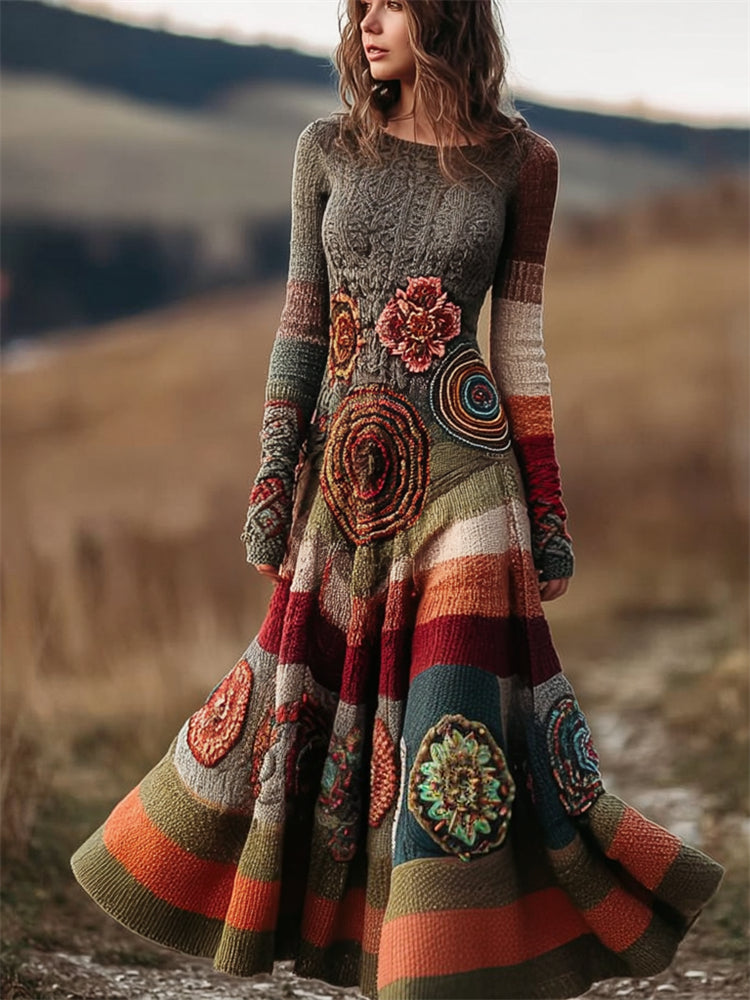 Vintafe Floral Crochet Colorblock Cozy Maxi Sweater Dress artswardrobe
