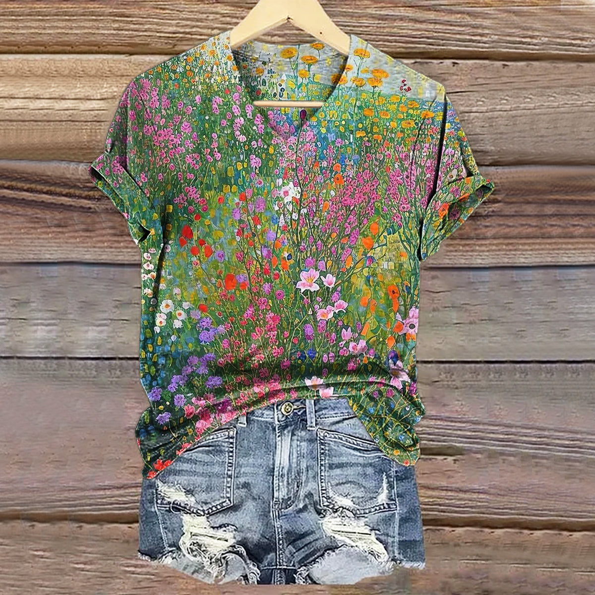 Women's Floral Art Print V-neck Casual T-Shirt