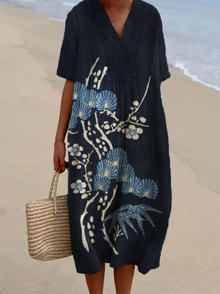 Plum Blossom Pine Trees & Bamboo Japanese Linen Blend Dress
