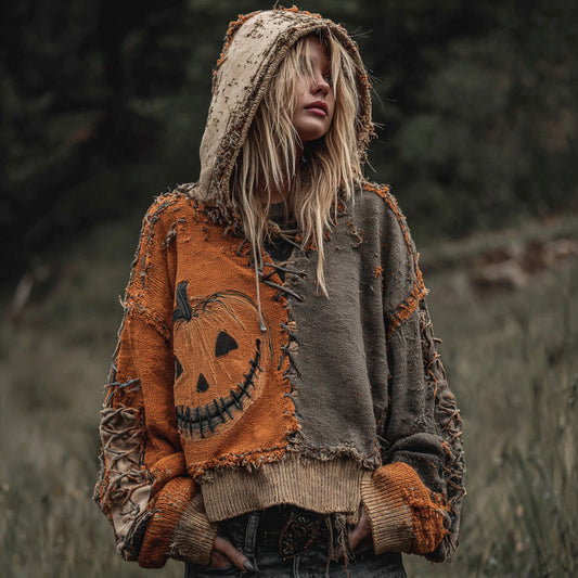 Halloween Pumpkin Face Patchwork Design Cozy Knit Hooded Sweater elevenforest