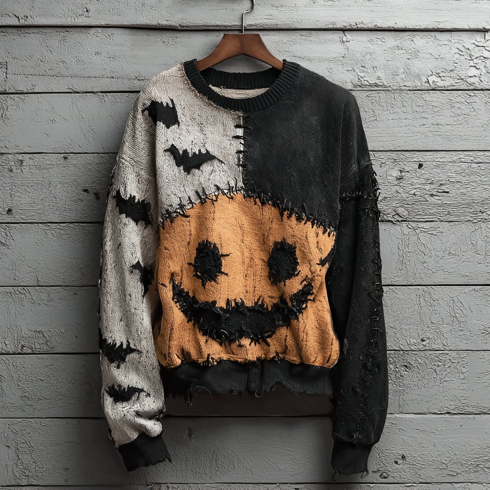 Pumpkin Emoji Bat Irregular Patchwork Women's Sweater elevenforest