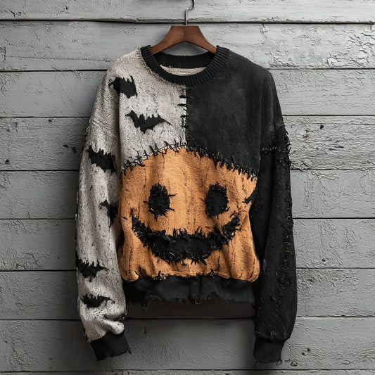 Pumpkin Emoji Bat Irregular Patchwork Women's Sweater elevenforest