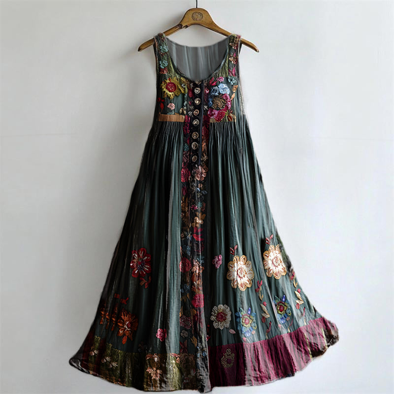 Women's Vintage Floral Pattern Art Print Round Neck Sleeveless Cotton