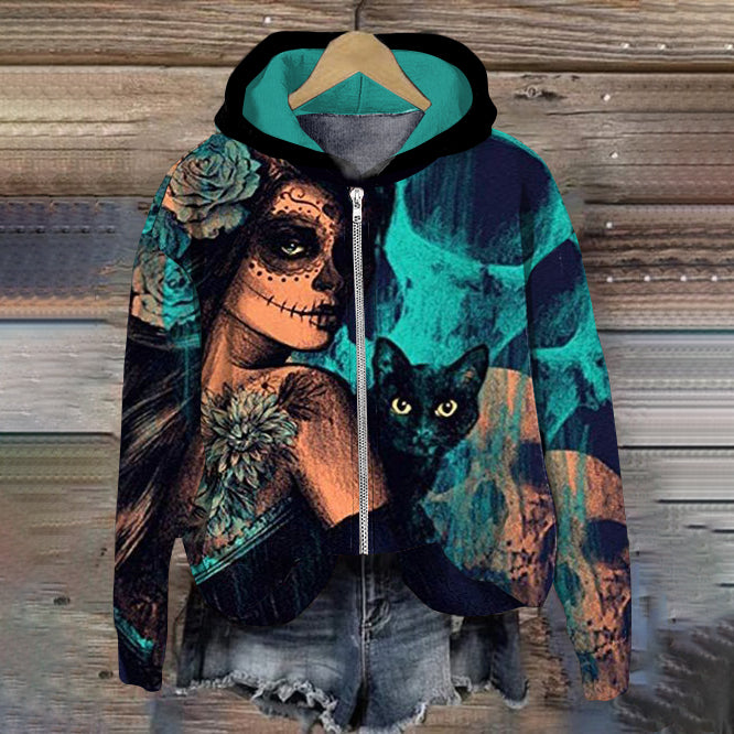 Comstylish Mexican Day Of The Dead Catrina Huasteca And Black Cat Art Casual Zip-Up Hoodie