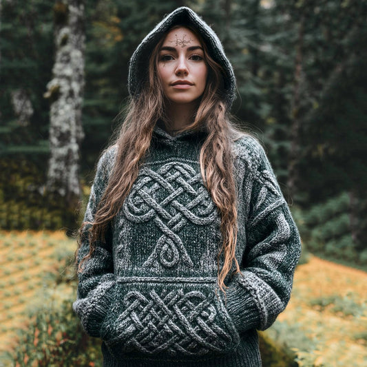 Women's Viking Tribal Tree Of Life Celtic Jacquard Hooded Sweater elevenforest