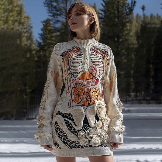 Women's Vintage Halloween Anatomy Art Cozy Knit Mini Sweater Dress artswardrobe